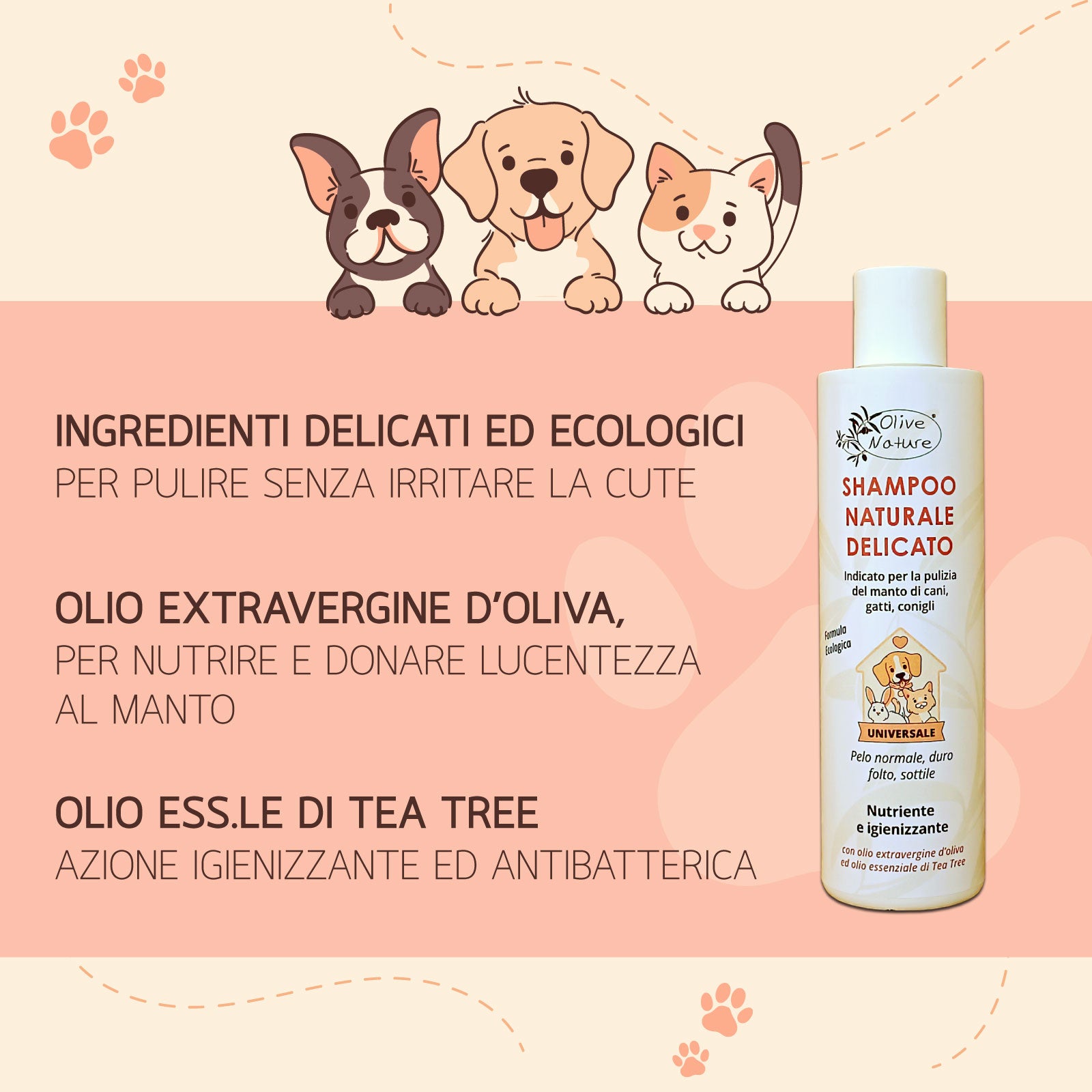 Info prodotto: ingredienti delicati ed ecologici, con olio extravergine d'oliva ed olio essenziale di tea tree