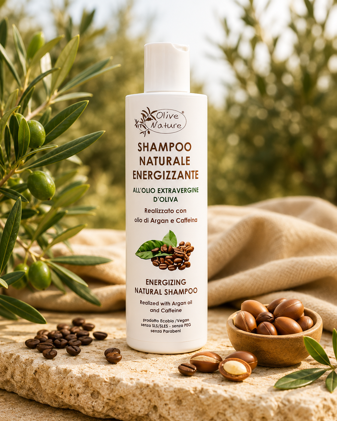 Shampoo Naturale Energizzante Olive Nature con olio extravergine d'oliva, argan e caffeina in ambientazione naturale