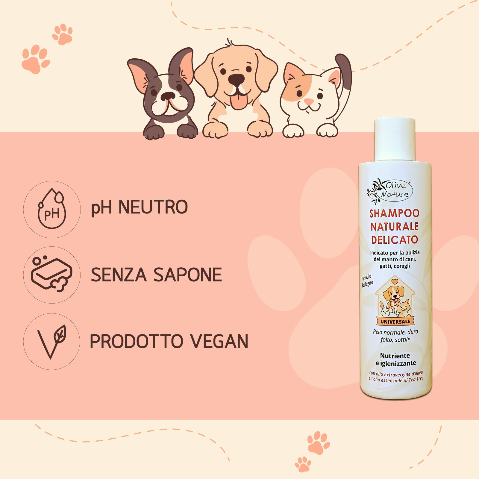 pH neutro, senza sapone, prodotto Vegan - Shampoo naturale delicato per animali - Olive Nature