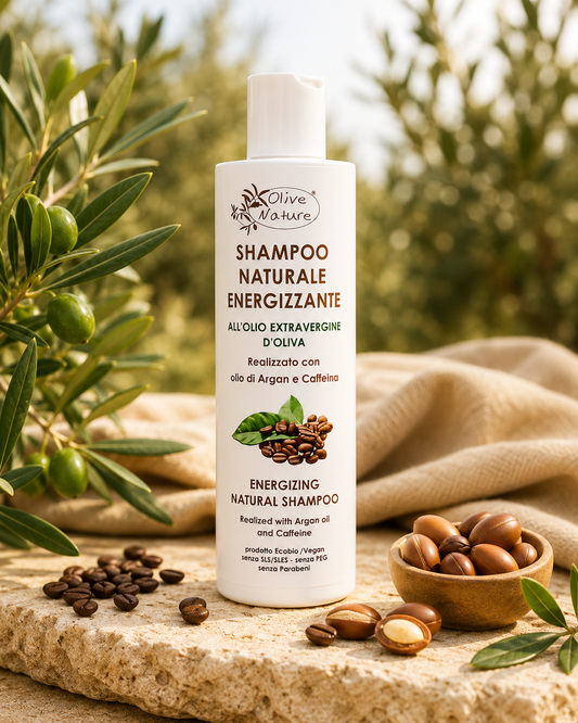 Shampoo Naturale Energizzante Olive Nature con olio extravergine d'oliva, argan e caffeina in ambientazione naturale