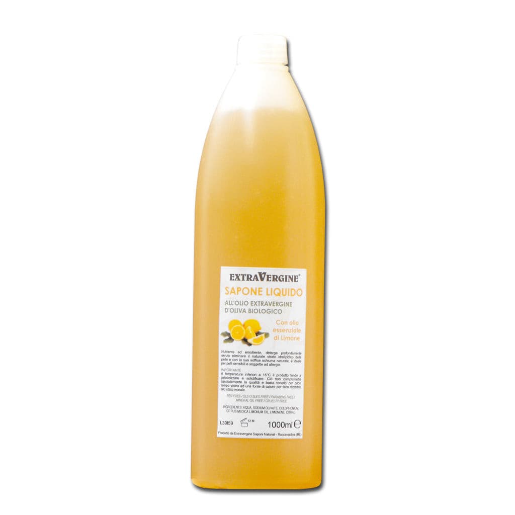 Sapone liquido all'olio extravergine d'oliva, con olio essenziale di Limone - flacone da 1 litro - Extravergine